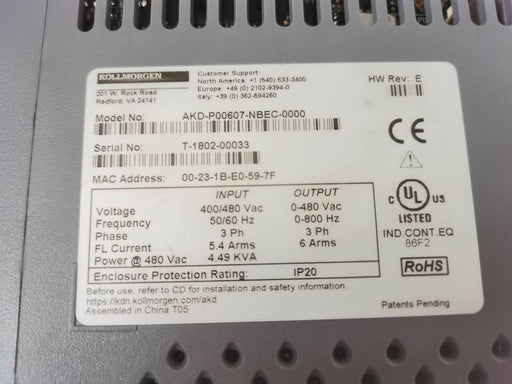 Kollmorgen Servo Drive AKD-P00607-NBEC-0000 Uesd